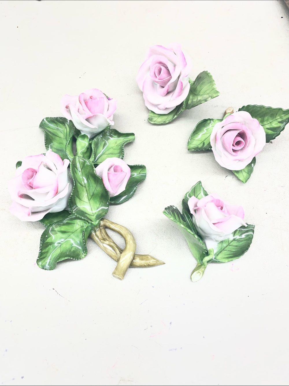 Herend Pink and Green Porcelain Rose Accent Set with Gold Stems